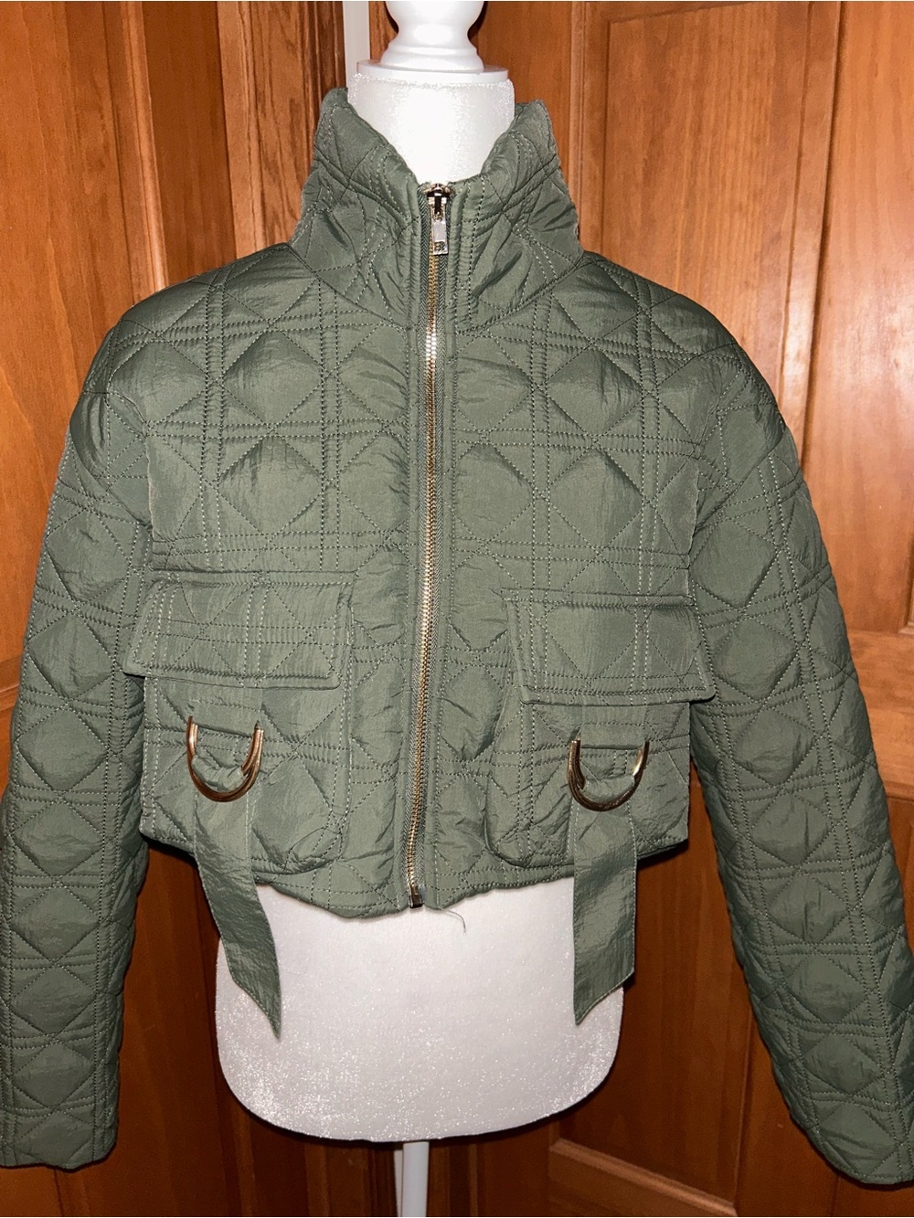 Forever 21 Quilted Olive Cropped Bomber Jacket with D-Ring Detail